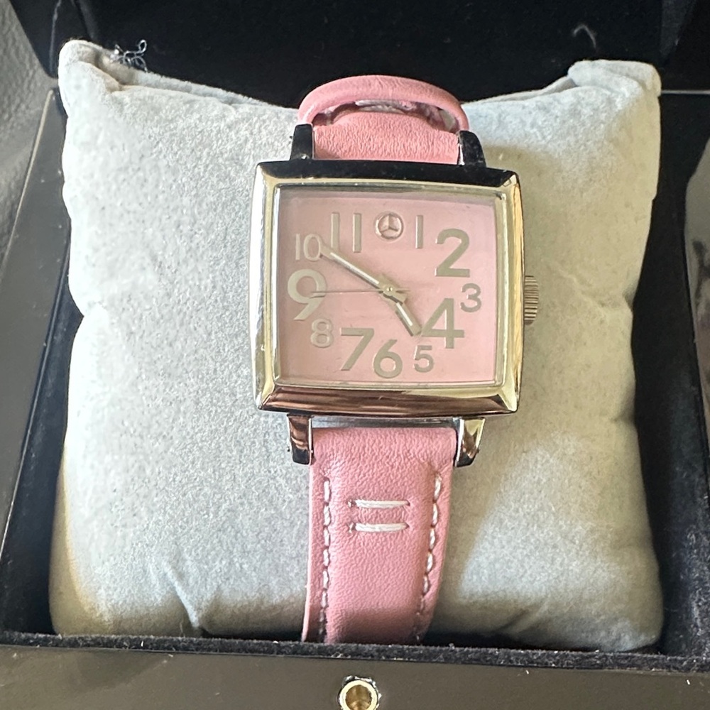 Mercedes Benz Silver Square with Pink Leather Strap Women's Watch